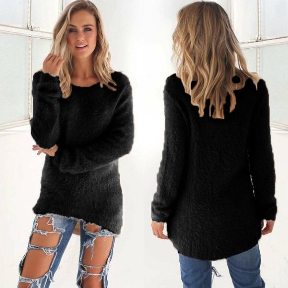 Black Long Sleeve Loose Stretchy Fluffy Fuzzy Cozy Light Sweater Shirt Top Sz M - Picture 1 of 13